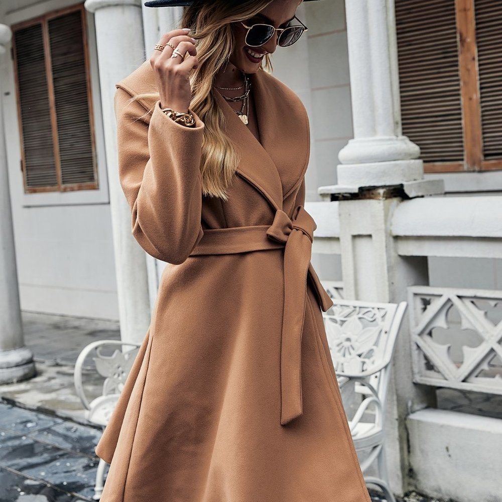 New Shawl Collar Double Button Belted Overcoat Camel - Picture 7 of 7